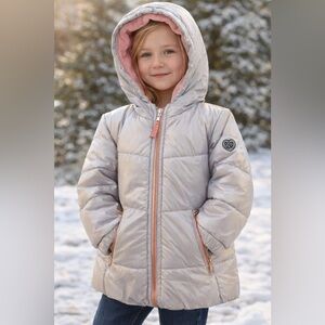 Body Glove Girls Hooded Puffer Jacket | Silver Pink Fleece Lined | Size 5